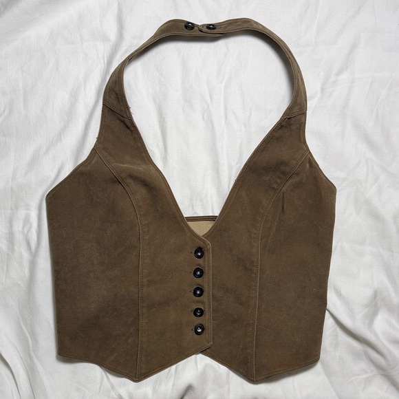 BDG Tops - BDG Brown Suede Halter Crop Top with Button Front